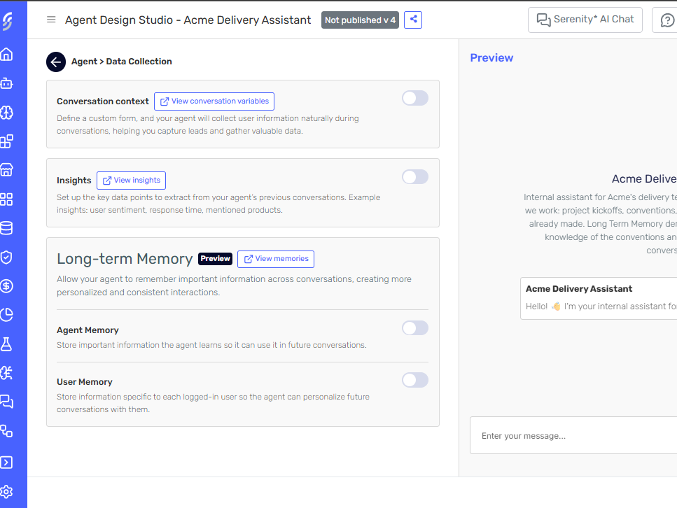 The Data Collection section of the Agent Design Studio, showing the Conversation context, Insights and Long-term Memory cards; the Long-term Memory card carries a Preview badge, a View memories link, and the Agent Memory and User Memory toggles switched off