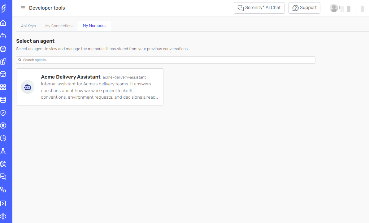 The My Memories tab of the Developer tools screen, showing the Select an agent heading, the Search agents box and one agent card with its name, code and description
