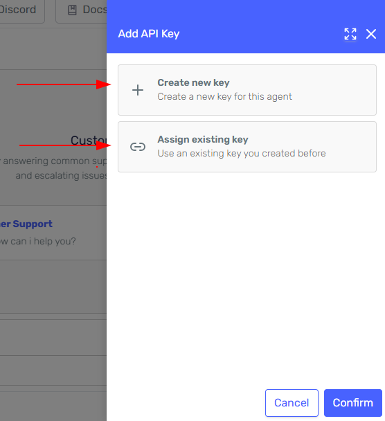 Side panel for selecting or creating API Key