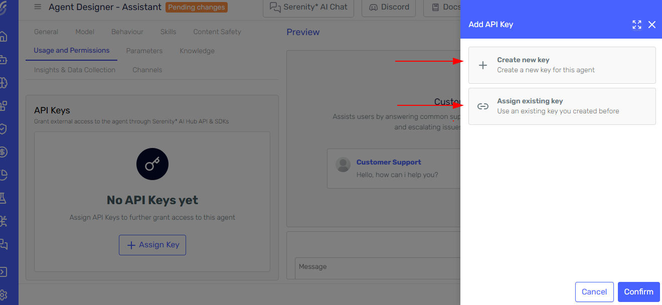 Side panel for selecting or creating API Key