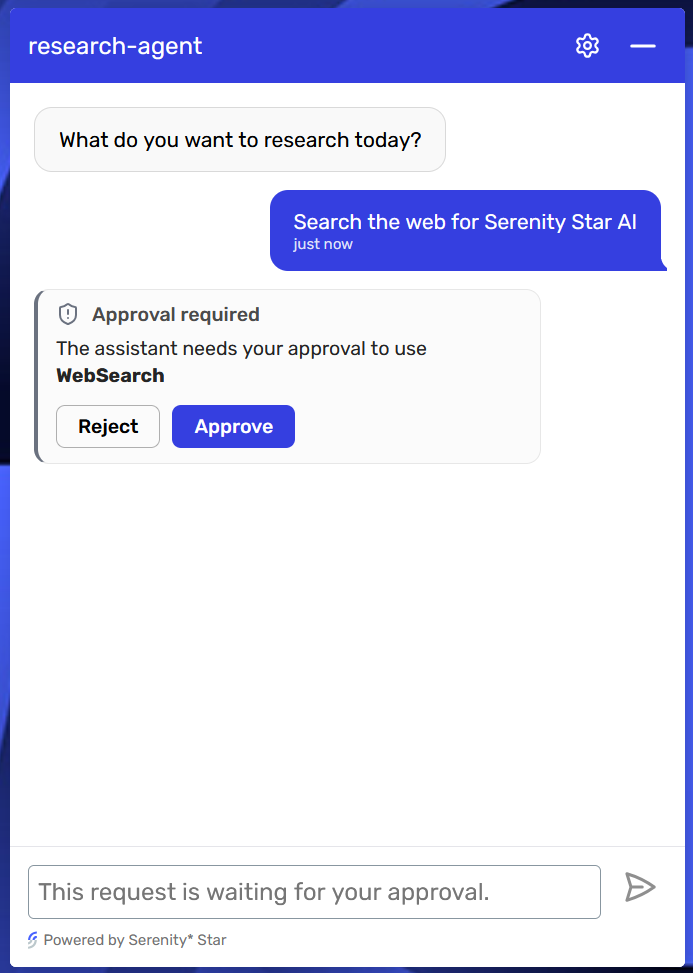The Serenity Chat Widget showing an "Approval required" card that reads "The assistant needs your approval to use WebSearch", with Reject and Approve buttons.