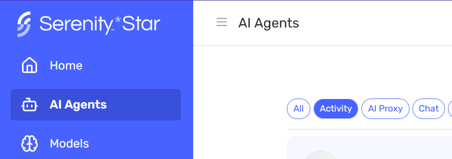Serenity* Star sidebar with the AI Agents entry selected, showing the AI Agents grid with All, Activity, AI Proxy and Chat filters.