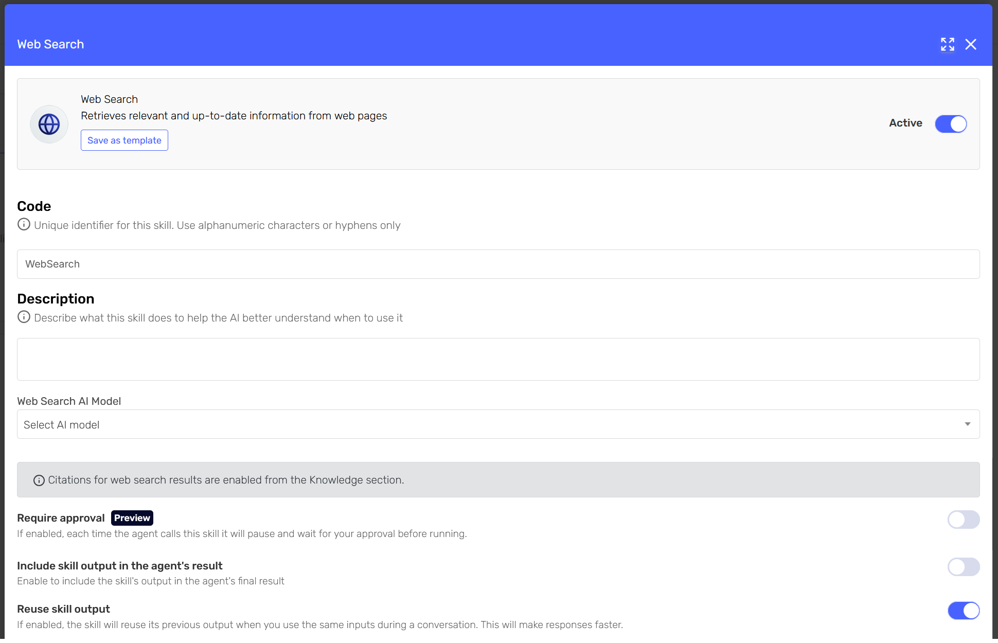 The Web Search skill settings panel, showing the Code and Description fields, the Web Search AI Model selector, and the skill toggled Active.