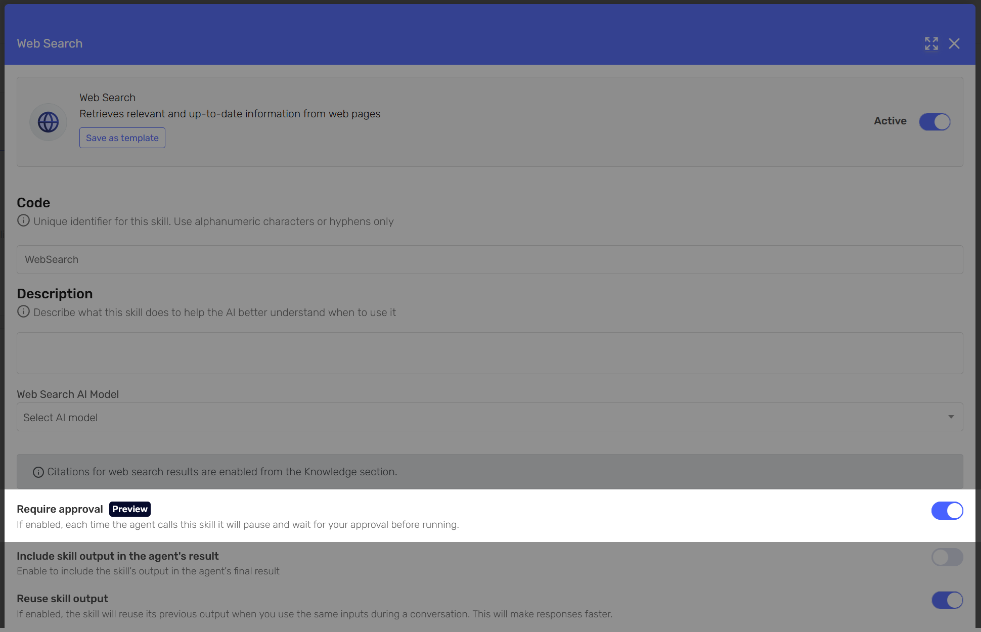 Web Search skill settings in the Agent Designer, showing the Require approval switch enabled with a Preview label.