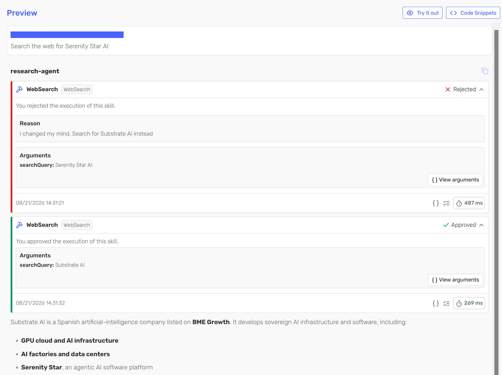 A rejected WebSearch call marked "Rejected" with the reason "I changed my mind. Search for Substrate AI instead", followed by a second, approved WebSearch call using the searchQuery "Substrate AI".