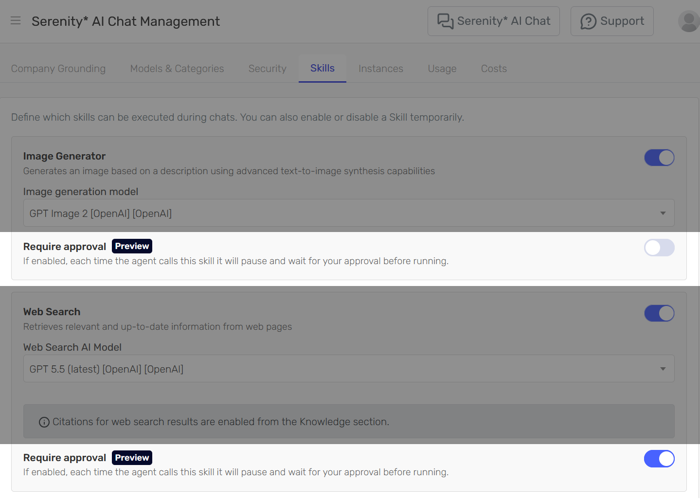 The Skills tab of Serenity AI Chat Management, showing the Image Generator and Web Search skills each with a model selector and a "Require approval" switch labelled Preview; the switch is off for Image Generator and on for Web Search.
