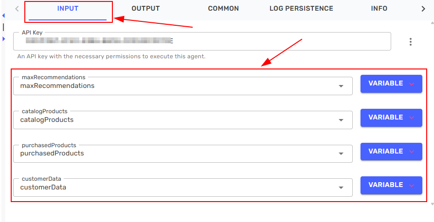 Agent activity input parameters