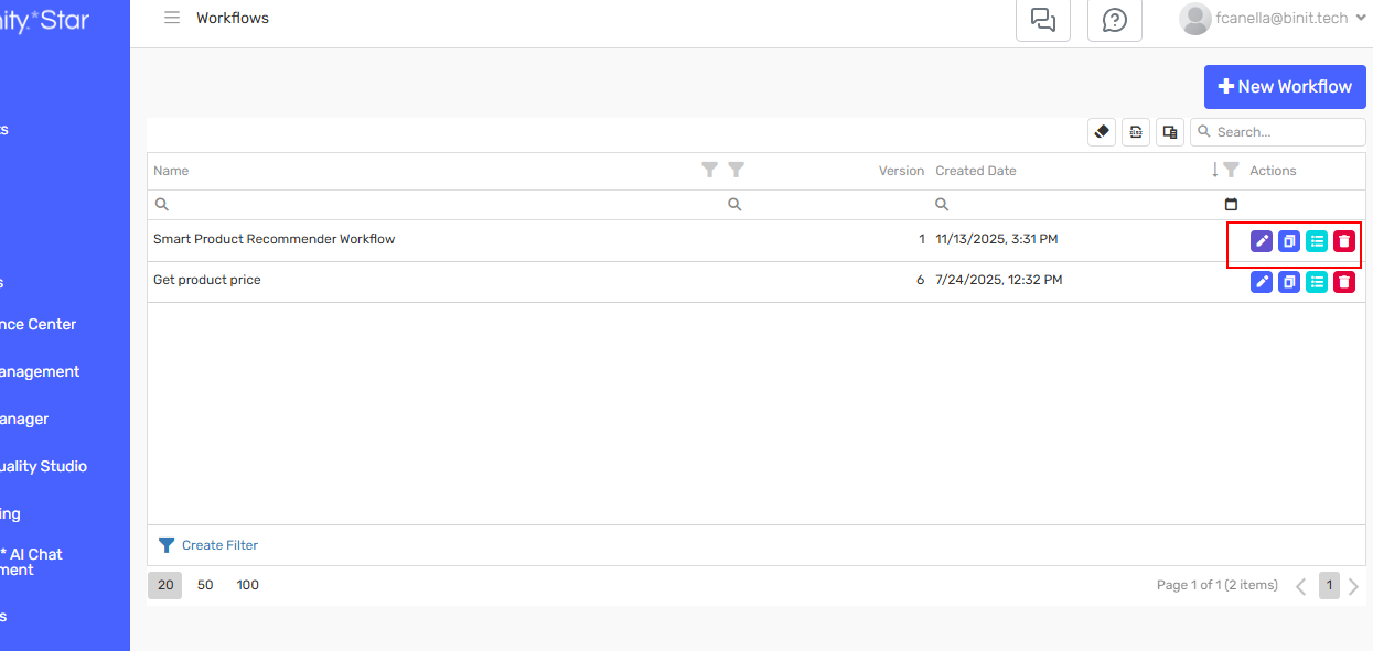 Workflow grid actions