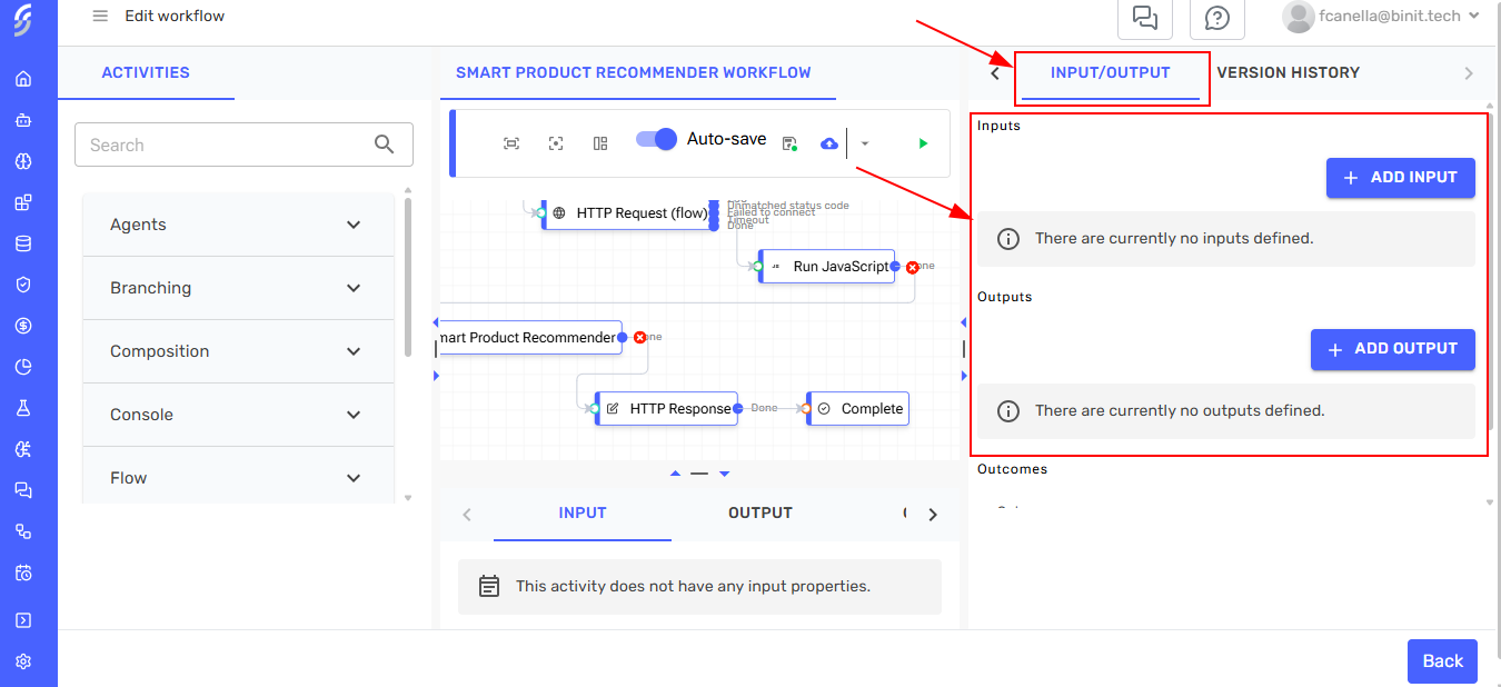 Workflow input and output configuration