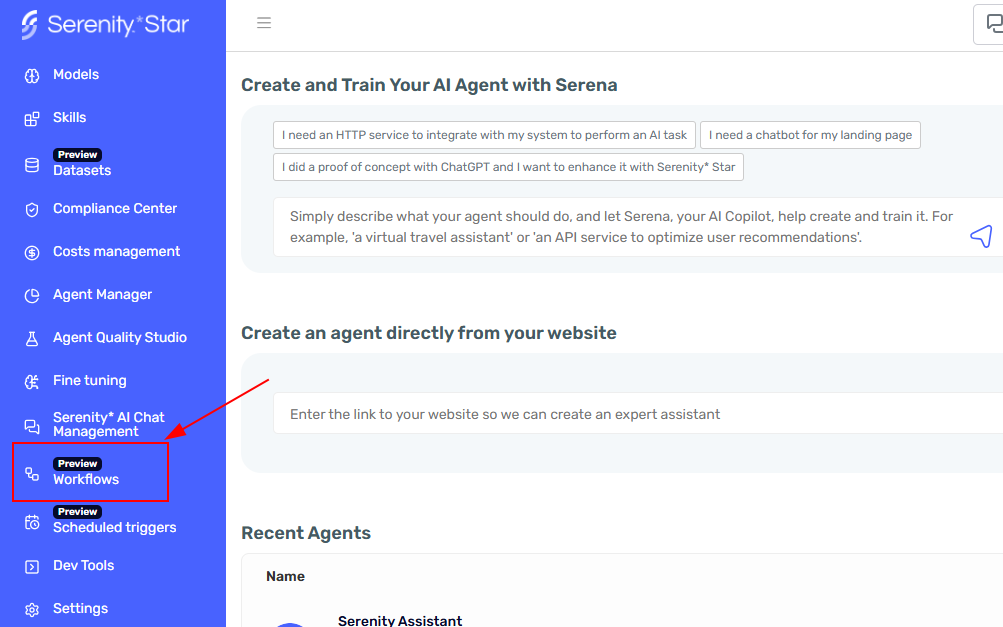 Workflows sidebar access